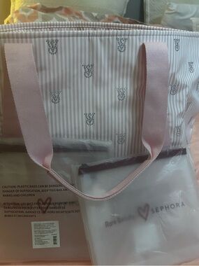 Victoria's Secret Pink Striped Tote with Rhinestone V bundle